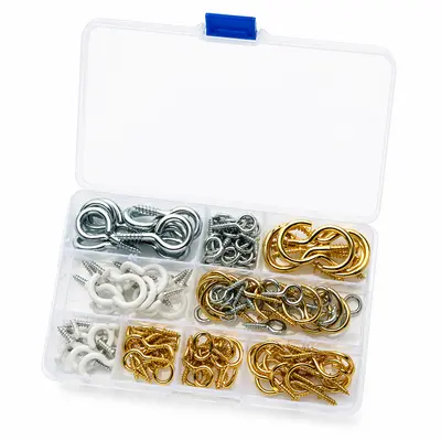 Набір різьбових гачків (гачків-шурупів) різних розмірів і кольорів в пластиковому органайзері