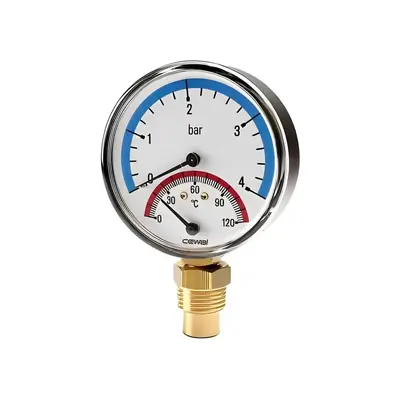 Термоманометр Cewal, 6 бар, вертикальний, діам. 80мм, 0 - 120 °C, Італія