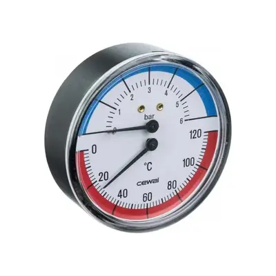 Термоманометр Cewal, 6 бар, горизонтальний, діам. 80мм, 0 - 120 °C, Італія