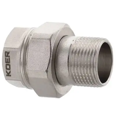 Згін-американка 3/4" KOER KR.344, розбірний, прямий, латунь нікельована, зовнішній-зовнішній