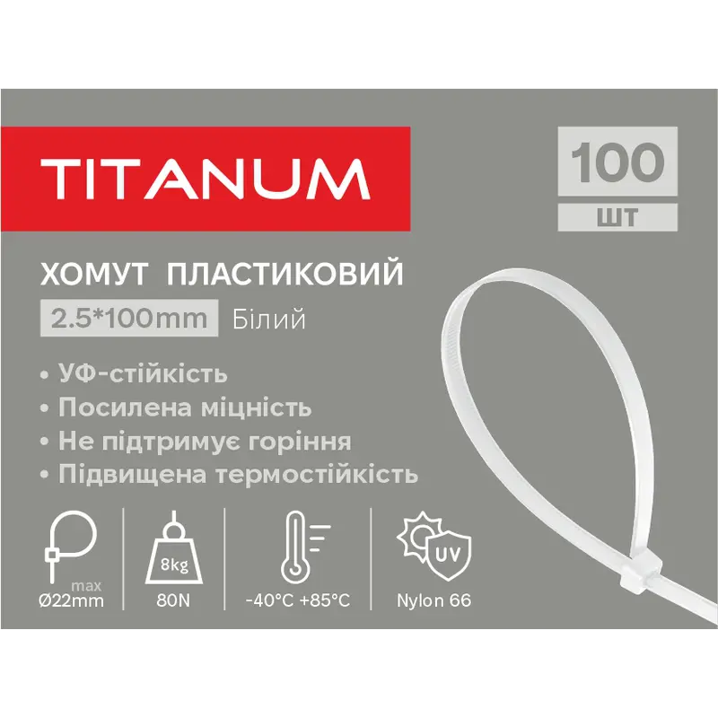 Хомут пластиковий 2.5x100мм 100шт УФ PA6.6 білий (TF-PH2510-W) TITANUM