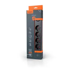 Сетевой удлинитель VIDEX ONCORD с 4 розетками и кабелем 3 м (3x1.5 мм), ток 3.4 А, USB (QC3.0) + USB-C (PD20W) с кнопкой, черный