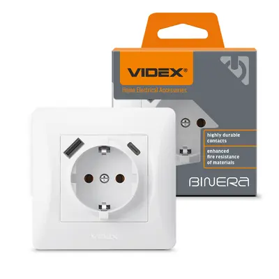 Одинарная розетка с заземлением с USB+USB-C белого цвета VIDEX BINERA
