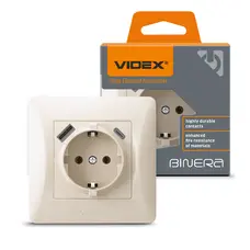 Одинарная розетка с заземлением и USB+USB-C кремового цвета VIDEX BINERA