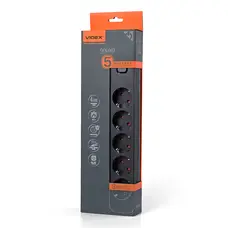 Сетевой удлинитель VIDEX ONCORD с 5 розетками и кабелем 3 м (3x1.5 мм) с кнопкой, черный