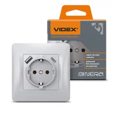 Одинарная розетка с заземлением с USB+USB-C серебристый шелк VIDEX BINERA