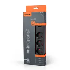 Сетевой удлинитель VIDEX ONCORD с 3 розетками 3 м (3x1.5 мм) 2.4 А 2 USB+USB-C с кнопкой, черный