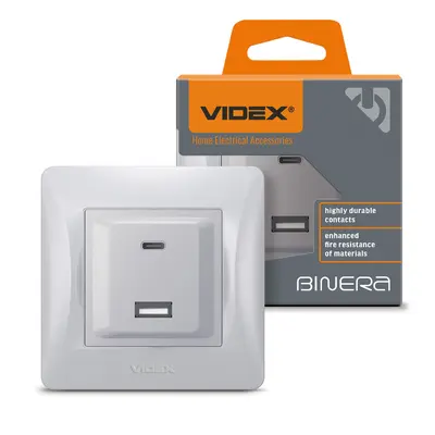 Розетка USB-A + USB-C PD20W серебристый шелк VIDEX BINERA