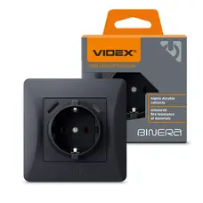 Одинарная розетка с заземлением с USB+USB-C, черный графит VIDEX BINERA