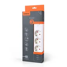 Сетевой удлинитель VIDEX ONCORD с 3 розетками 3 м (3x1.5 мм) 2.4 А 2 USB+USB-C с кнопкой, белый