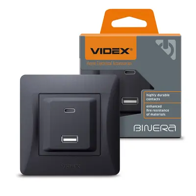 Розетка USB-A + USB-C PD20W черный графит VIDEX BINERA
