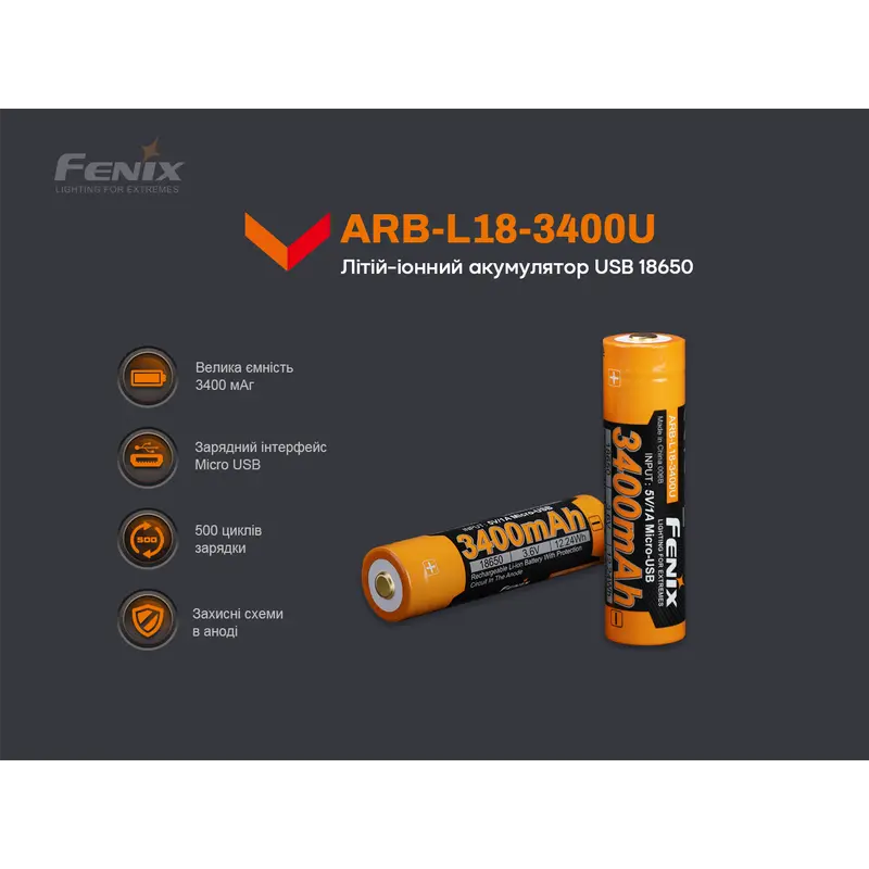 Акумулятор 18650 Fenix (3400 mAh) micro usb зарядка Акумулятор 18650 Fenix (3400 mAh) micro usb зарядка