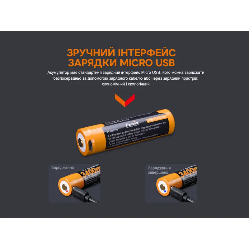 Акумулятор 18650 Fenix (3400 mAh) micro usb зарядка Акумулятор 18650 Fenix (3400 mAh) micro usb зарядка