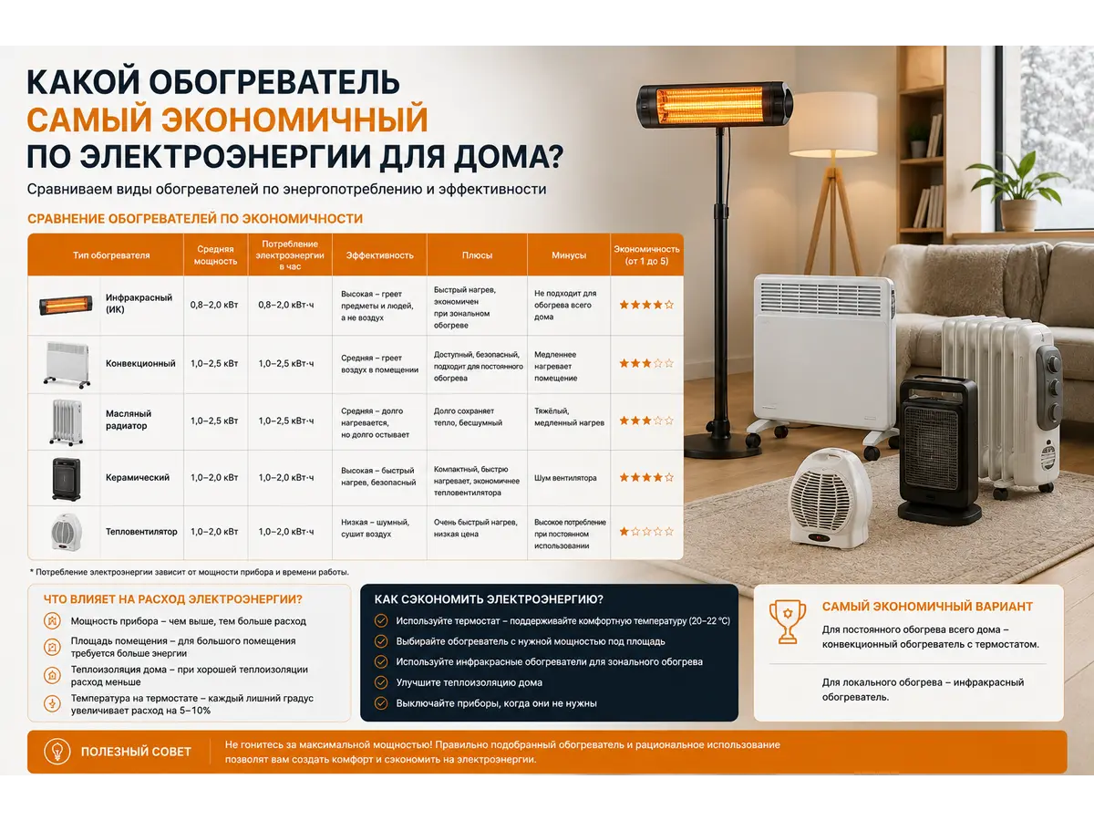 Какой обогреватель самый экономичный по электроэнергии для дома?