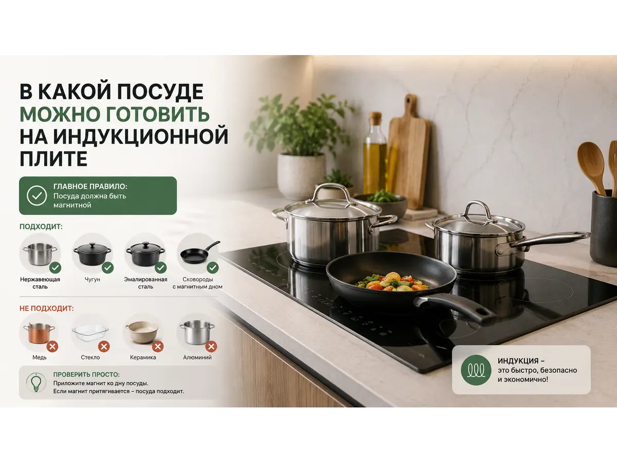 В какой посуде можно готовить на индукционной плите