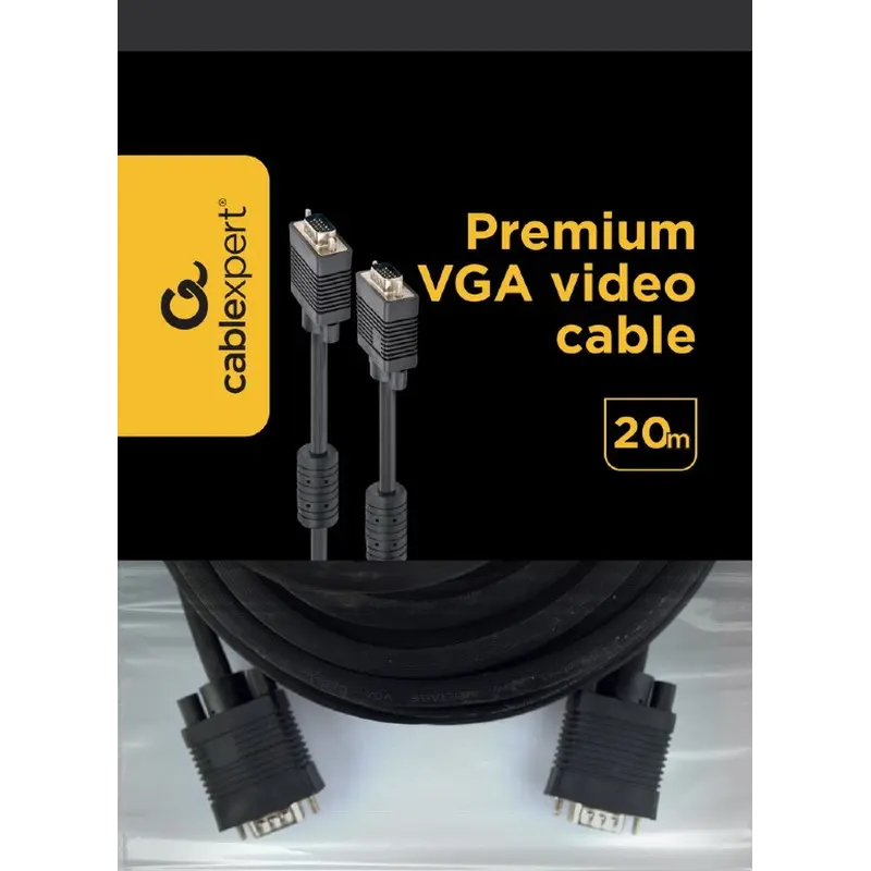 Кабель Cablexpert VGA - VGA (M/M), HD15, з 2-ма фер. кільцями, чорний, 20 м (CC-PPVGA-20M-B) пакет Кабель Cablexpert VGA - VGA (M/M), HD15, з 2-ма фер. кільцями, чорний, 20 м (CC-PPVGA-20M-B) пакет