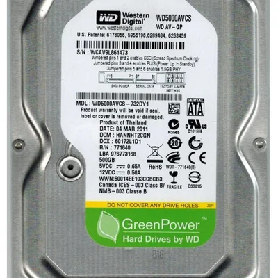 Накопичувач HDD SATA 500GB WD AV-GP 5400rpm 16MB (WD5000AVCS) Refurbished