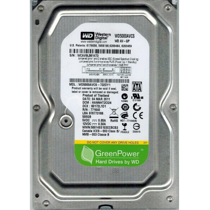 Накопичувач HDD SATA 500GB WD AV-GP 5400rpm 16MB (WD5000AVCS) Refurbished