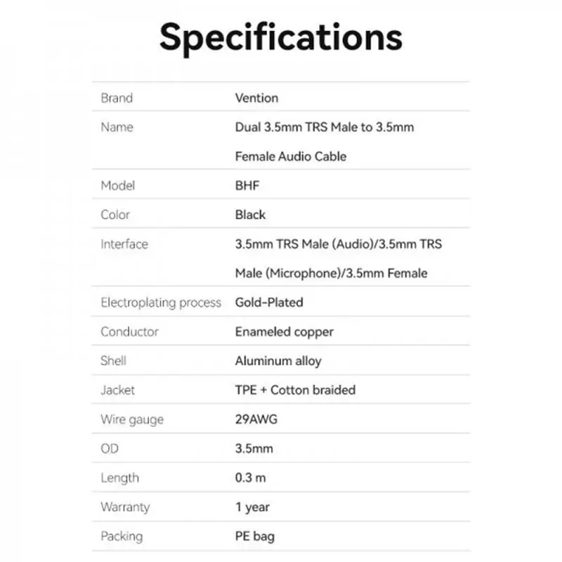 Кабель Vention 3.5 мм - 2х3.5 мм (F/M), 0.3 м, Black (BHFBY) Кабель Vention 3.5 мм - 2х3.5 мм (F/M), 0.3 м, Black (BHFBY)