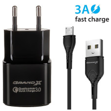 Мережевий зарядний пристрій Grand-X (1xUSB 3.6В-12В/1.5А-3А) Black (CH-550BM) + кабель MicroUSB