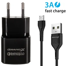 Мережевий зарядний пристрій Grand-X (1xUSB 3.6В-12В/1.5А-3А) Black (CH-550BM) + кабель MicroUSB