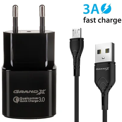 Мережевий зарядний пристрій Grand-X (1xUSB 3.6В-12В/1.5А-3А) Black (CH-550BM) + кабель MicroUSB