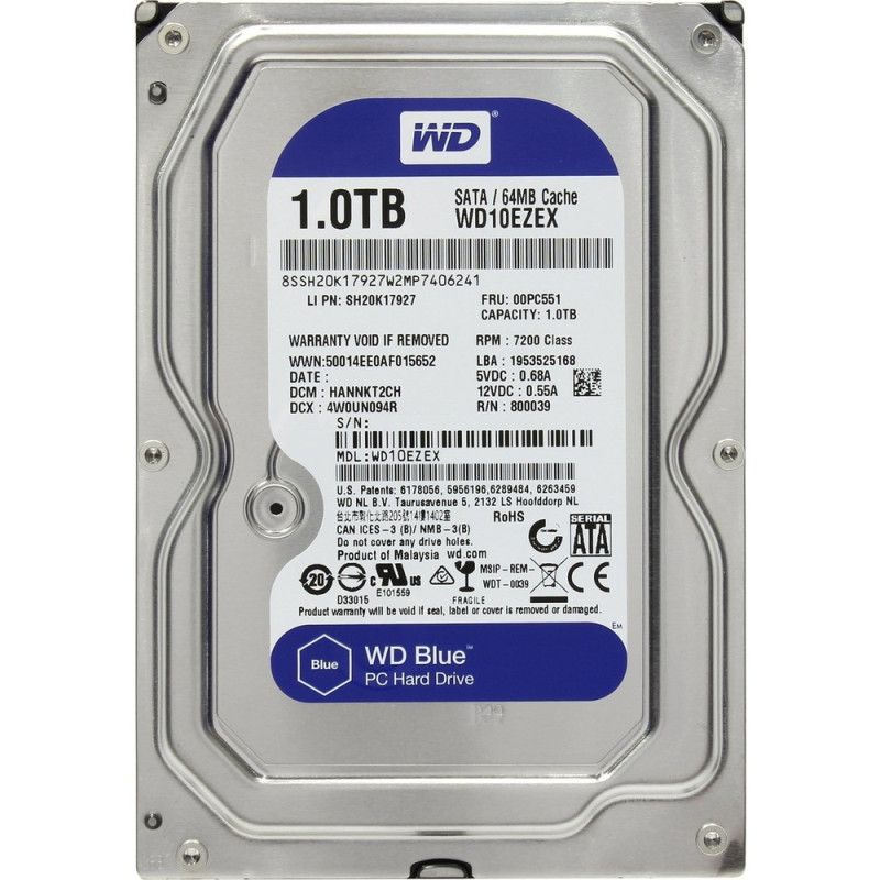 Накопичувач HDD SATA 1.0TB WD Blue 7200rpm 64MB (WD10EZEX)