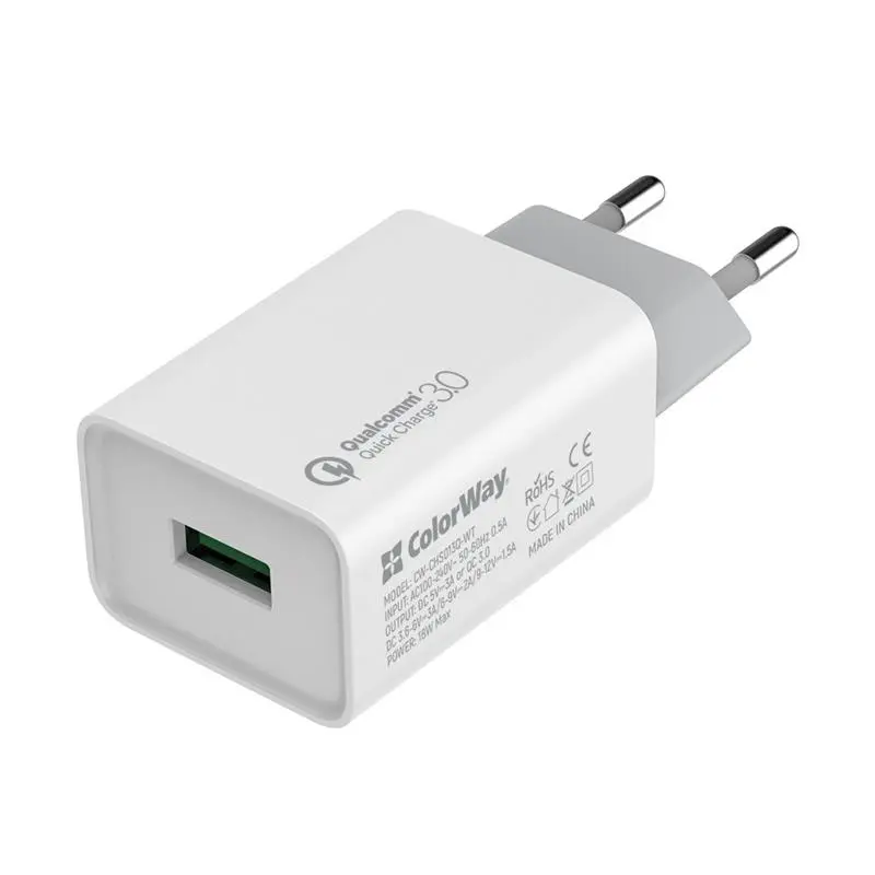 Мережевий зарядний пристрій ColorWay QC3.0 (1USBx3A) White (CW-CHS013Q-WT) Мережевий зарядний пристрій ColorWay QC3.0 (1USBx3A) White (CW-CHS013Q-WT)