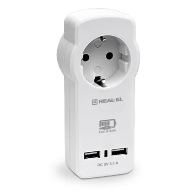 Мережевий зарядний пристрій з розеткою REAL-EL CS-30 (2USB, 3.1A) White