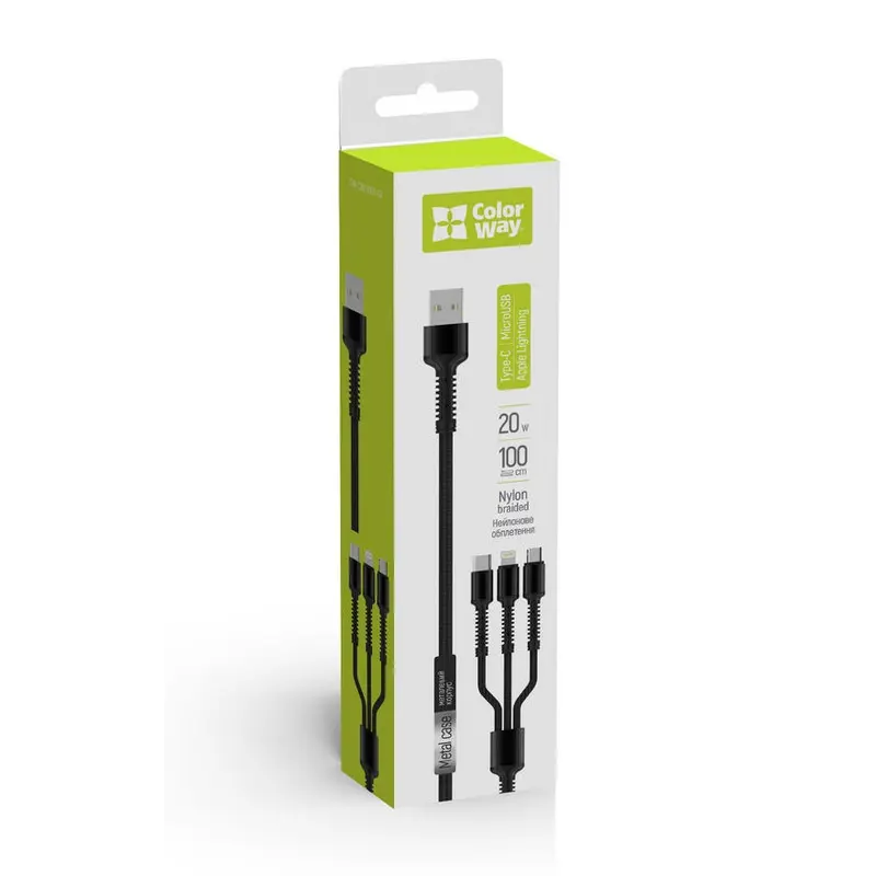 Кабель ColorWay USB - Lightning + micro USB + USB Type-C (M/M), 1.2 м, Dark Grey (CW-CBU3003-GR) Кабель ColorWay USB - Lightning + micro USB + USB Type-C (M/M), 1.2 м, Dark Grey (CW-CBU3003-GR)