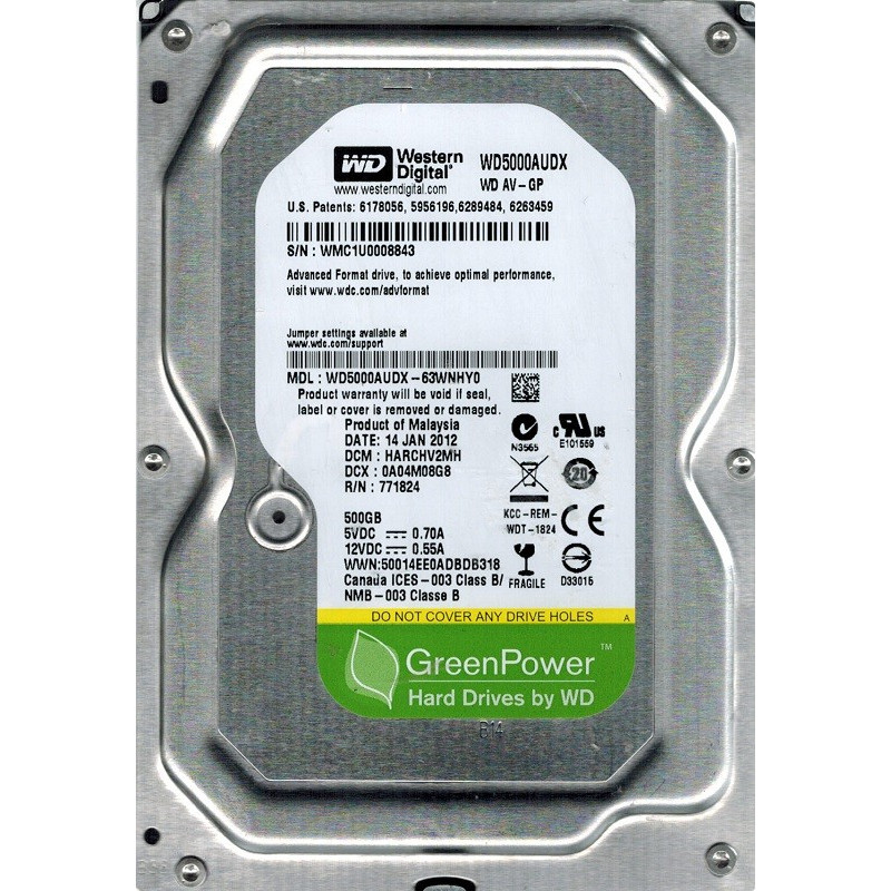 Накопичувач HDD SATA 500GB WD AV-GP 32MB (WD5000AUDX) Refurbished