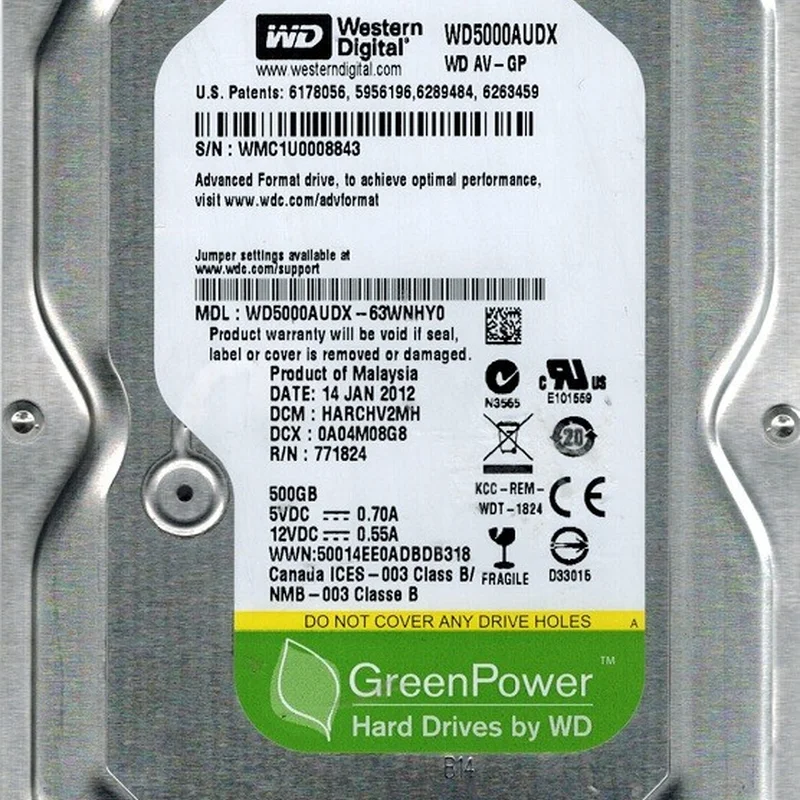 Накопичувач HDD SATA 500GB WD AV-GP 32MB (WD5000AUDX) Refurbished
