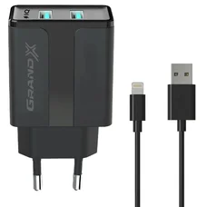 Мережевий зарядний пристрій Grand-X (1xUSB 2.4A) Black (CH15LTB) + кабель Lightning
