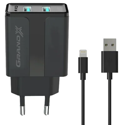 Мережевий зарядний пристрій Grand-X (1xUSB 2.4A) Black (CH15LTB) + кабель Lightning