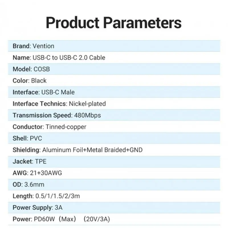 Кабель Vention USB Type-C - USB Type-C (M/M), TPE Round PD 60W, 3 A, 1.5 м, Black (COSBG) Кабель Vention USB Type-C - USB Type-C (M/M), TPE Round PD 60W, 3 A, 1.5 м, Black (COSBG)