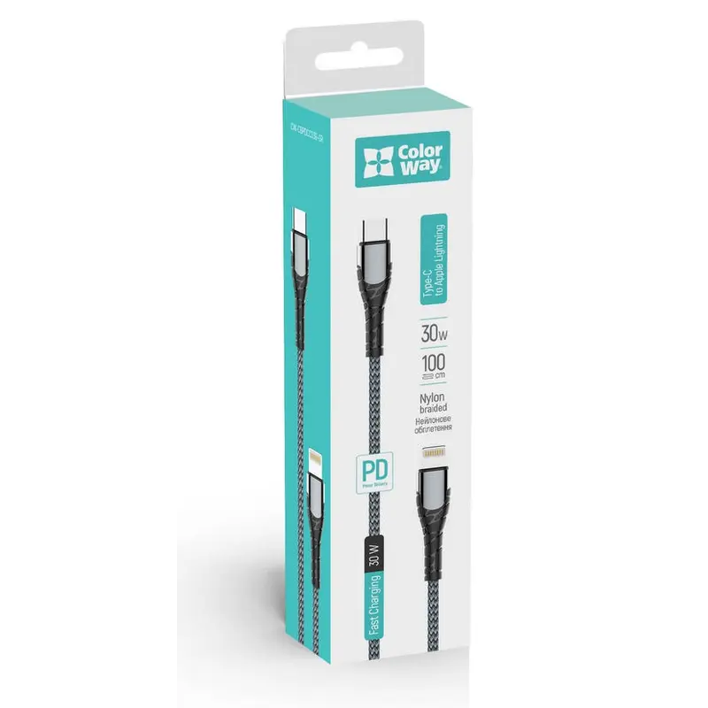 Кабель ColorWay USB-C-Lightning, PD Fast Charging, 3.0А, 1м, Grey (CW-CBPDCL033-GR) Кабель ColorWay USB-C-Lightning, PD Fast Charging, 3.0А, 1м, Grey (CW-CBPDCL033-GR)