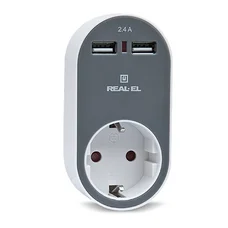 Мережевий зарядний USB-пристрій з розеткою REAL-EL CS-20, білий-сірий