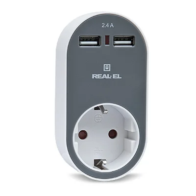 Мережевий зарядний USB-пристрій з розеткою REAL-EL CS-20, білий-сірий