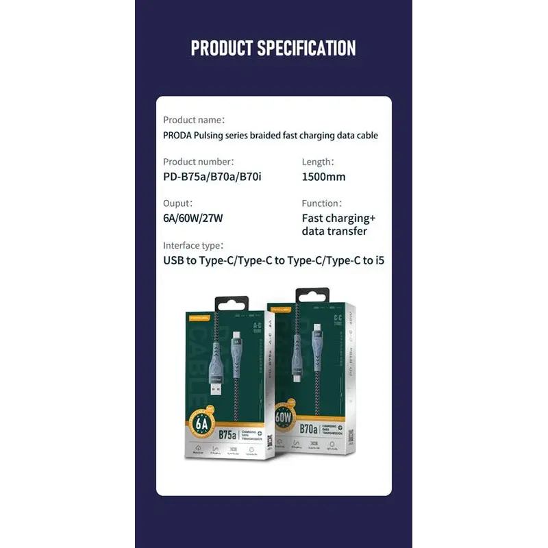 Кабель Proda PD-B70a USB Type-C - USB Type-C (M/M), Pulsing Fast Charging 60W, 1.5 м, Black (PD-B70a-GR) Кабель Proda PD-B70a USB Type-C - USB Type-C (M/M), Pulsing Fast Charging 60W, 1.5 м, Black (PD-B70a-GR)