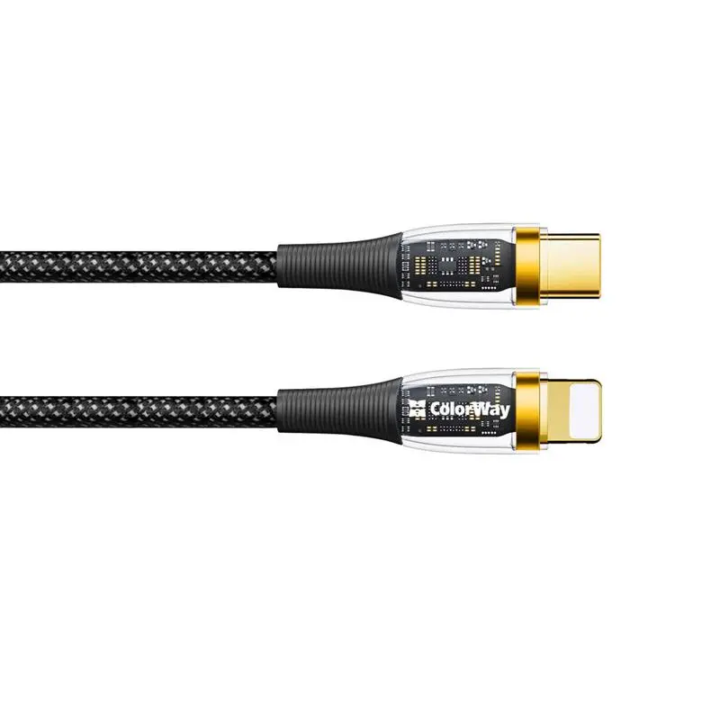 Кабель ColorWay USB Type-C - Lightning (M/M), transparent head, PD Fast Charging 27W, 3.0 А, 1.2 м, Black (CW-CBPDCL057-BK) Кабель ColorWay USB Type-C - Lightning (M/M), transparent head, PD Fast Charging 27W, 3.0 А, 1.2 м, Black (CW-CBPDCL057-BK)
