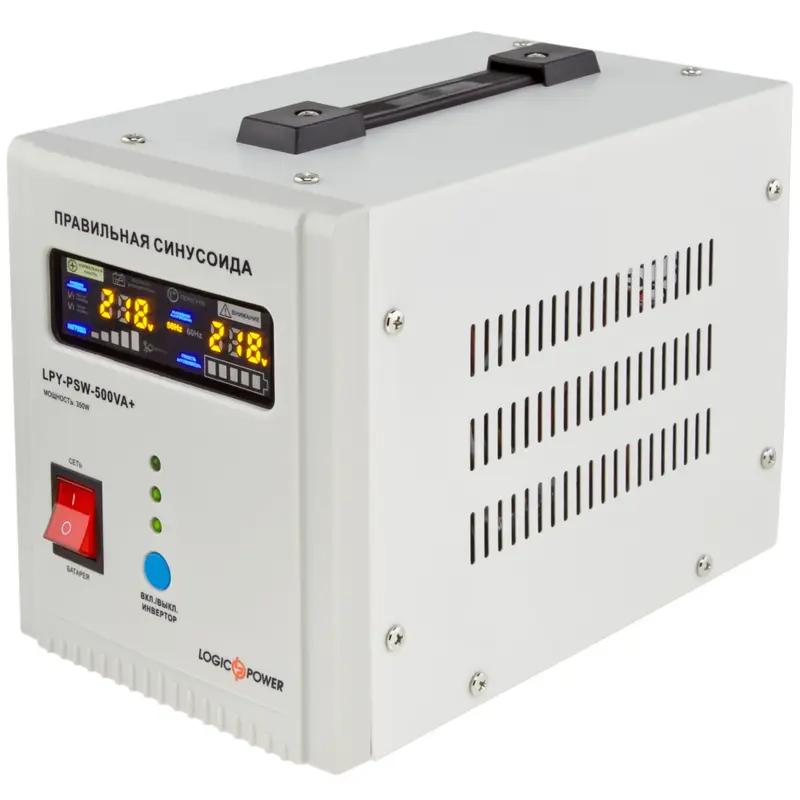Джерело безперебійного живлення LogicPower LPY-PSW-500VA+, Lin.int., AVR, 2 x евро, LCD, метал, з правильною синусоїдою 12V Джерело безперебійного живлення LogicPower LPY-PSW-500VA+, Lin.int., AVR, 2 x евро, LCD, метал, з правильною синусоїдою 12V
