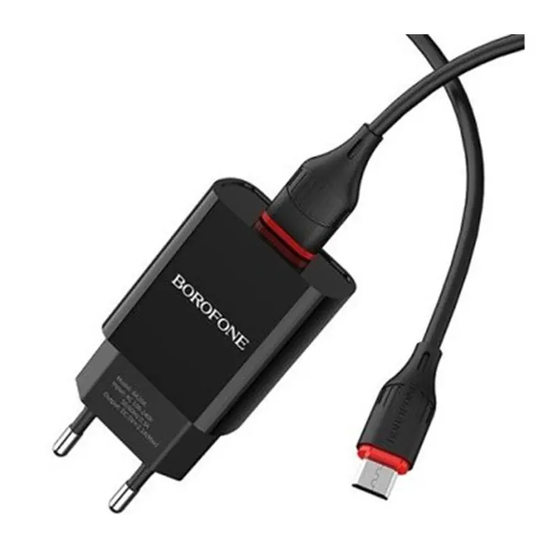 Зарядний пристрій Borofone BA20A Sharp Single USB 2.1A Black (BA20AMB) + кабель MicroUSB