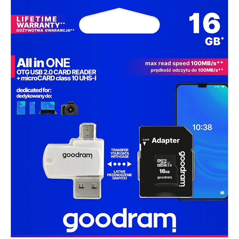 Карта пам`ятi MicroSDHC 16GB UHS-I Class 10 GOODRAM + SD-adapter + OTG Card reader (M1A4-0160R12)