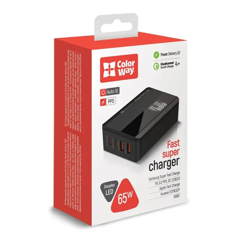 Мережевий зарядний пристрій ColorWay Power Delivery (2USB-A + 2USB TYPE-C) (65W) Black (CW-CHS040PD-BK) Мережевий зарядний пристрій ColorWay Power Delivery (2USB-A + 2USB TYPE-C) (65W) Black (CW-CHS040PD-BK)