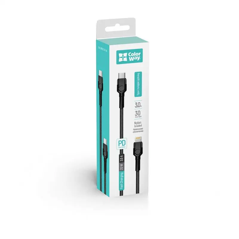 Кабель ColorWay USB Type-C - Lightning (M/M), PD Fast Charging 20W, 3.0 А, 0.3 м, Black (CW-CBPDCL054-BK) Кабель ColorWay USB Type-C - Lightning (M/M), PD Fast Charging 20W, 3.0 А, 0.3 м, Black (CW-CBPDCL054-BK)