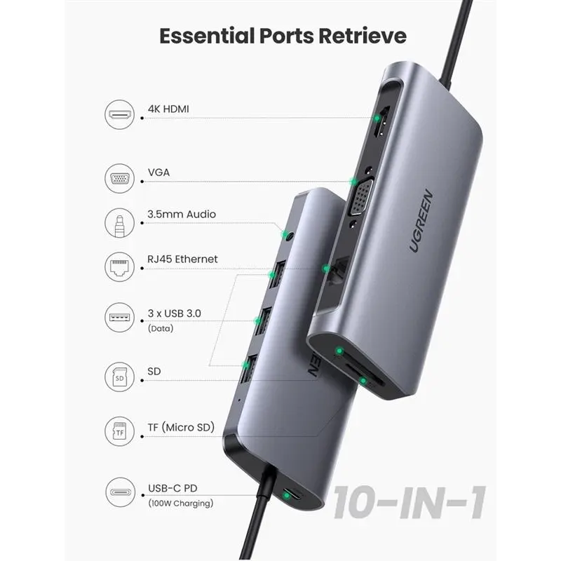 Концентратор USB Type-C Ugreen CM179 3xUSB 3.0 + HDMI + VGA + RJ45 1000M Ethernet + Cardreader + 3.5 мм, Gray (80133) Концентратор USB Type-C Ugreen CM179 3xUSB 3.0 + HDMI + VGA + RJ45 1000M Ethernet + Cardreader + 3.5 мм, Gray (80133)