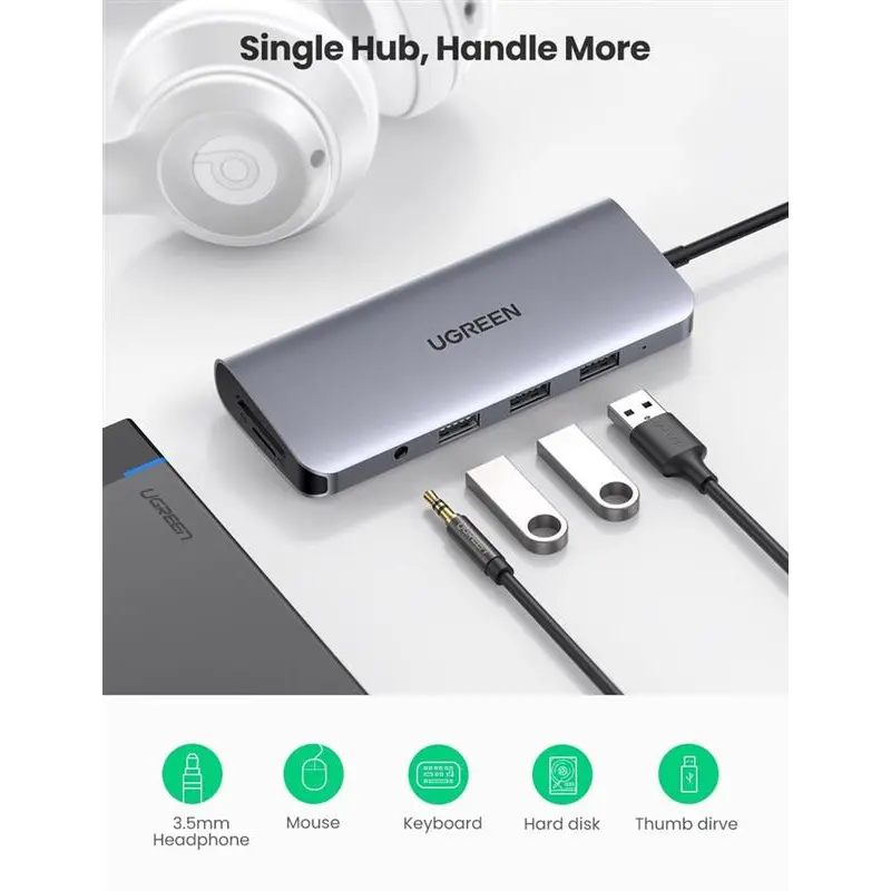 Концентратор USB Type-C Ugreen CM179 3xUSB 3.0 + HDMI + VGA + RJ45 1000M Ethernet + Cardreader + 3.5 мм, Gray (80133) Концентратор USB Type-C Ugreen CM179 3xUSB 3.0 + HDMI + VGA + RJ45 1000M Ethernet + Cardreader + 3.5 мм, Gray (80133)