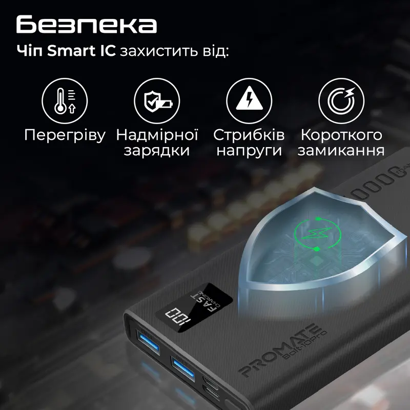 Універсальна мобільна батарея Promate Bolt-10Pro Black 10000mAh Універсальна мобільна батарея Promate Bolt-10Pro Black 10000mAh