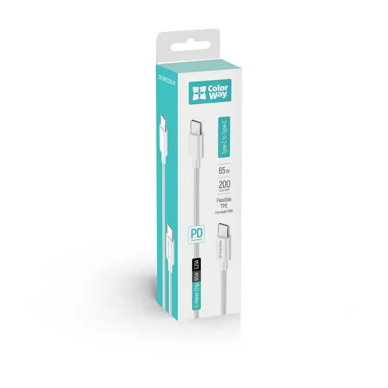 Кабель ColorWay USB Type-C - USB Type-C (M/M), PD Fast Charging 65W, 3.0 А, 2 м, White (CW-CBPDCC056-WT) Кабель ColorWay USB Type-C - USB Type-C (M/M), PD Fast Charging 65W, 3.0 А, 2 м, White (CW-CBPDCC056-WT)