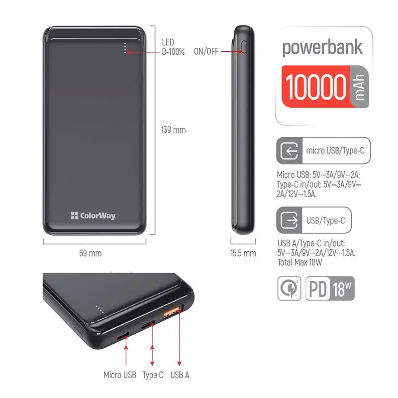 Універсальна мобільна батарея ColorWay Slim PD 10000mAh Black (CW-PB100LPG3BK-PD) Універсальна мобільна батарея ColorWay Slim PD 10000mAh Black (CW-PB100LPG3BK-PD)